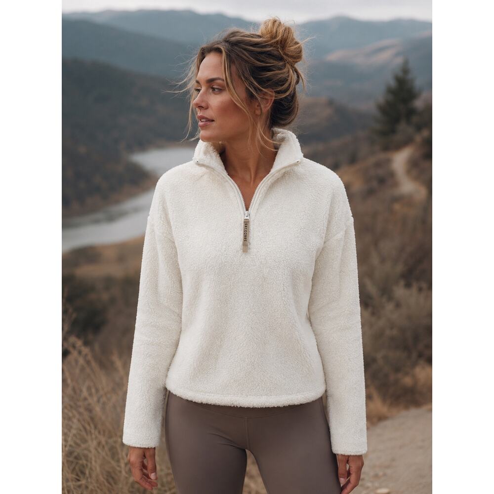 SKECHERS Womens 1/4 Zip Fleece Pullover with Kangaroo Pockets Cream Size XS